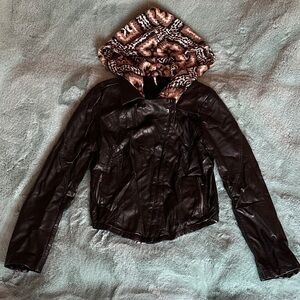 Free People Black Faux Leather Jacket with Patterned Hood